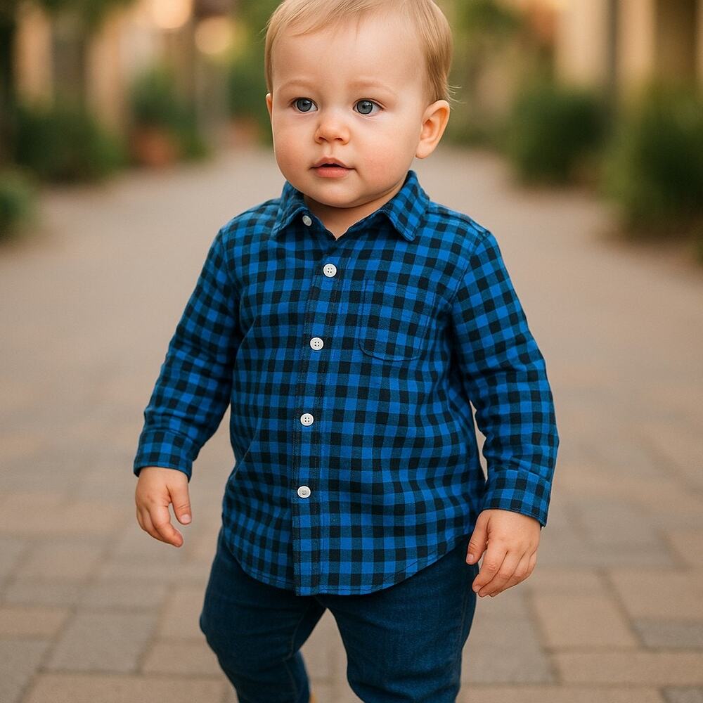 Ralph Lauren Boys Shirt Sz 12 Mo Dark Light Blue Check Long Sleeve Button Down
